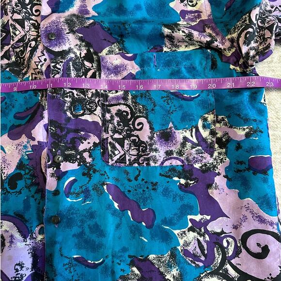 I.O.U Silk Blue and Purple Abstract Print Long Sleeve Silk Button Down, Size M - Picture 4 of 5